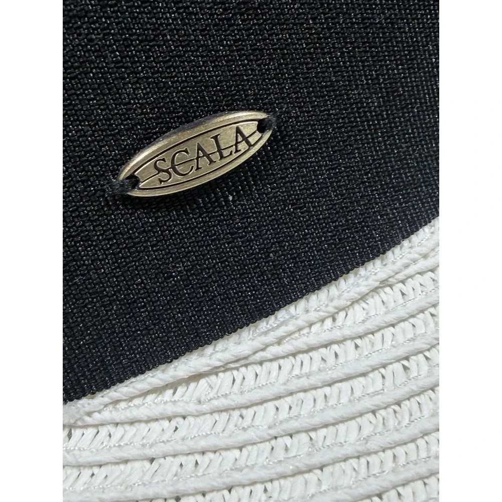 Scala Womens White Wide Brim Sun Hat Black Bow Ribbon Coastal Elegant Derby